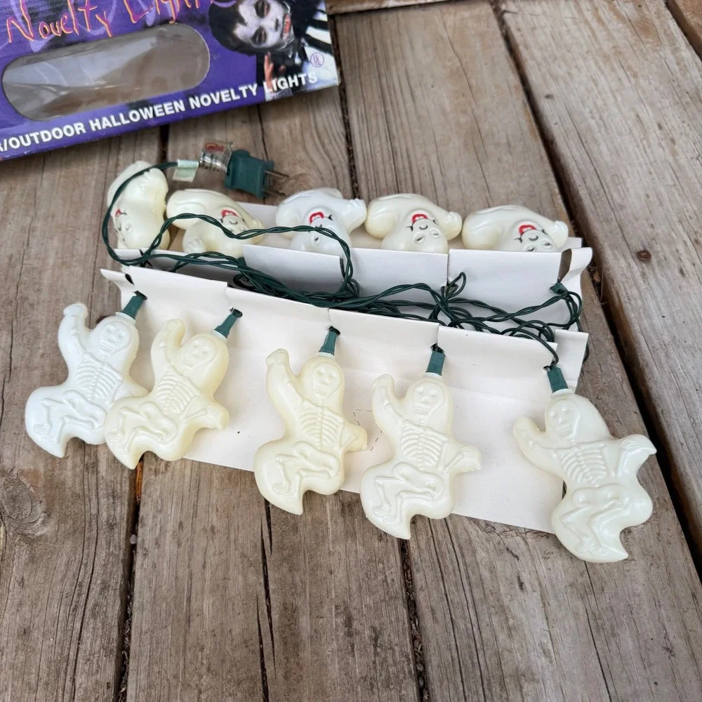 Blow Mold Halloween Novelty String Lights Ghost Skeleton White 10 Count